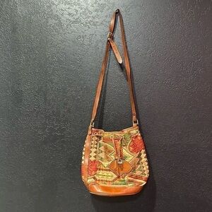 Vintage Made in Italy Bettina Geometric Tapestry & Brown Leather Crossbody Bag
